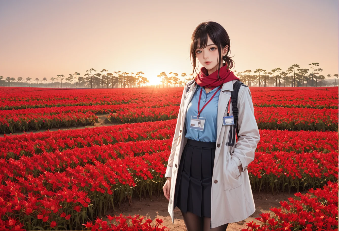 ,ruanyi0956,flower field,outdoors,sunset,,ruanyi0904,black skirt,blue shirt,coat,red scarf,red lanyard,ID card,black pantyhose,<lora:0956 Red flowers everywhere_v1_pony:0.8>,<lora:0904 Douki Chan clothing_v1_pony:0.7>, score_9,score_8_up,score_7_up,,8k,1girl,solo,,