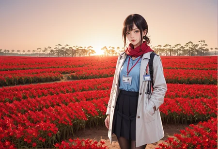 ,ruanyi0956,flower field,outdoors,sunset,,ruanyi0904,black skirt,blue shirt,coat,red scarf,red lanyard,ID card,black pantyhose,<lora:0956 Red flowers everywhere_v1_pony:0.8>,<lora:0904 Douki Chan clothing_v1_pony:0.7>, score_9,score_8_up,score_7_up,,8k,1girl,solo,,