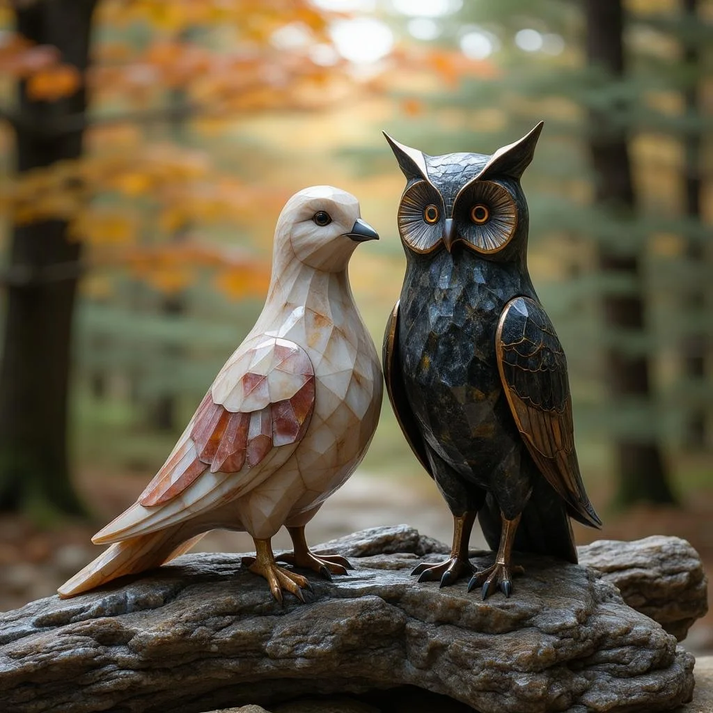 <lora:ck-polygon-gems-0019.safetensors:1> a crafted gemstone model in the style of cklg featuring a
In the heart of a misty, autumn forest, the air is thick with the scent of damp earth and decaying leaves. Here, two exquisitely crafted anthropomorphic bird-statues sit side by side on a gnarled, fallen log. The dove, with its soft, beige and brown feathers, is a masterpiece of stained glass, each feather a delicate pane of translucent amethyst and ruby pink. The owl, a regal figure with dark, speckled plumage, is hewn from ornate metalwork, its form adorned with intricate geometric and floral patterns that shimmer in the dappled light.
The forest around them is a symphony of autumnal hues, the trees decked in leaves of orange and gold, their branches reaching upwards as if to touch the sky. The soft, backlit leaves create a halo of light, casting a gentle glow that bathes the statues in an ethereal ambiance. The fallen log beneath them, though worn by time, is a testament to the forest’s ancient beauty, its surface etched with the patterns of nature.
The的整体氛围温暖而神秘,仿佛在这片森林中,时间凝固,每一个细节都蕴含着手工艺的精湛和艺术的传承。这张24x36英寸的摄影作品,不仅适合现代和质朴的室内装饰,更是一幅捕捉了自然之美与奇幻之境的杰作,让人在宁静中感受到一丝魔法。