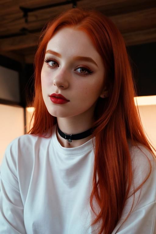 raw photo,  (25yo redhead girl:1.2), makeup, graphic eyeliner, rouge, (choker:0.9), realistic skin texture, oversize shirt, (red:0.8), softcore, warm lighting, cosy atmosphere, instagram style