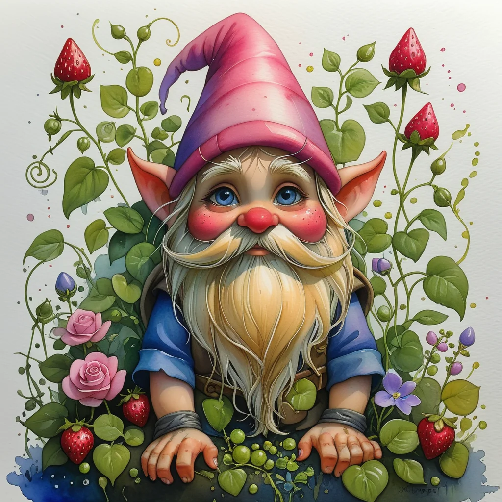 <lora:artfullyONEHUNDRED_SDXL_V1:.7>, art100th,(garden gnome), cottage core, viking lore, recovery, watercolor, monet, strawberries and pea tendrils, sugar snap peas and bleeding heart, pink, cobalt, lilac, yellow, tangerine, pearl, rose quartz