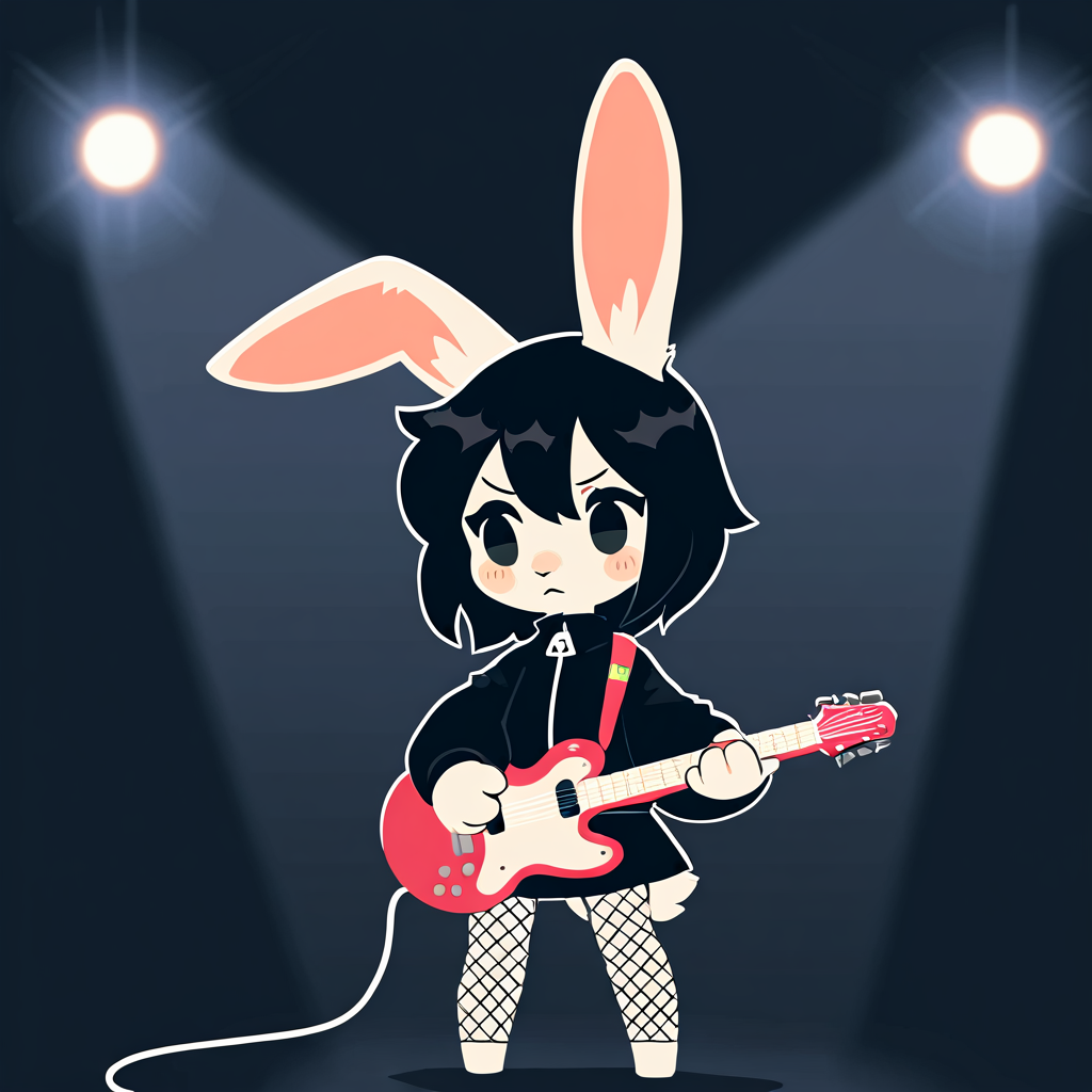 masterpiece,high score,great score,absurdres,fabulosity style,best quality, flat color, no lineart, no outline, chibi,aged down,petite,shortstack,solo,bunny girl, animal ears, rabbit ears, tail,Anthro Rabbit, 1girl, solo, black hair, goth, fishnet, electric guitar, holding guitar, black skirt, black jacket, wind,kemono,furry, blurry background, depth of field,spotlight, stage, stage lights, <lora:something_cute:1>