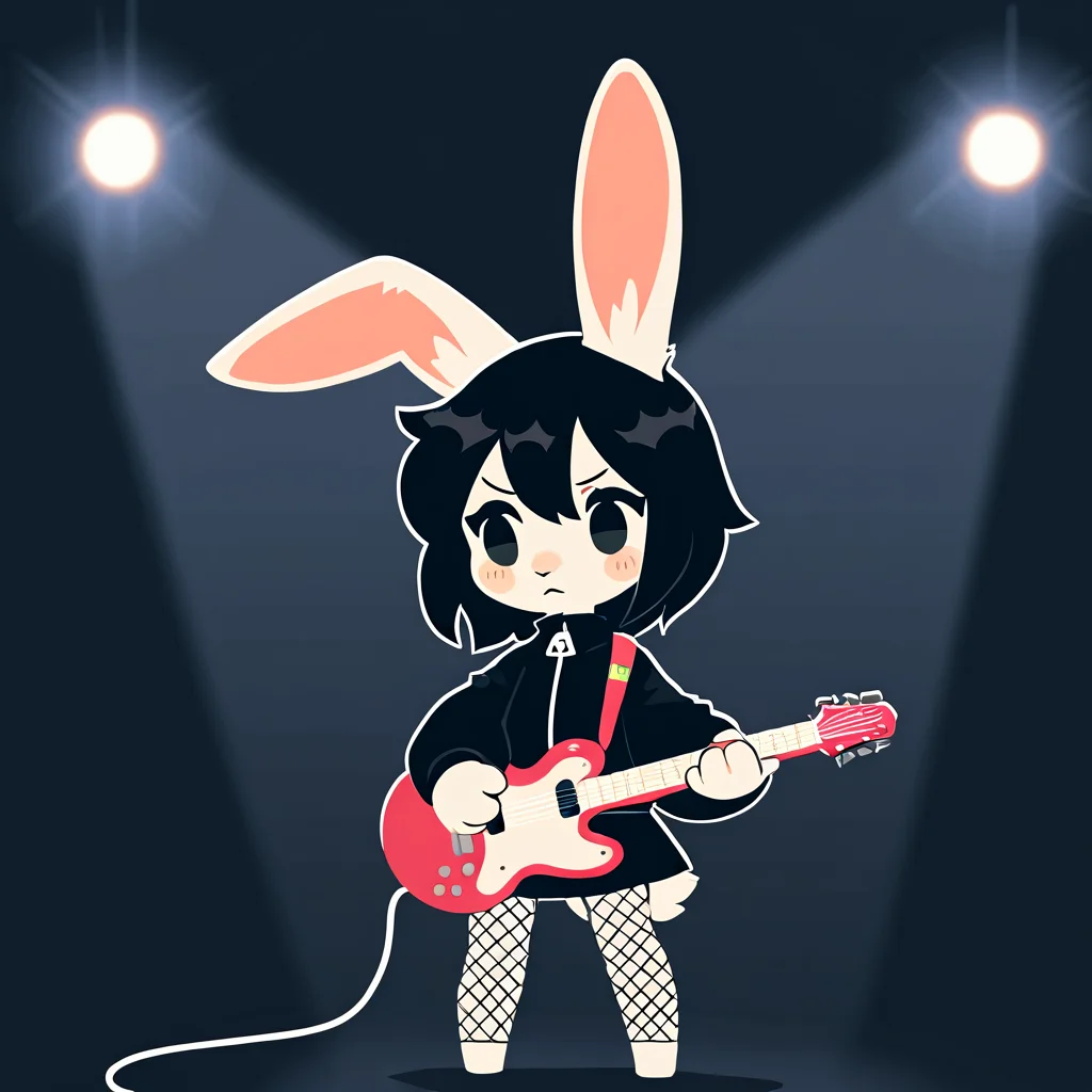 masterpiece,high score,great score,absurdres,fabulosity style,best quality, flat color, no lineart, no outline, chibi,aged down,petite,shortstack,solo,bunny girl, animal ears, rabbit ears, tail,Anthro Rabbit, 1girl, solo, black hair, goth, fishnet, electric guitar, holding guitar, black skirt, black jacket, wind,kemono,furry, blurry background, depth of field,spotlight, stage, stage lights, <lora:something_cute:1>