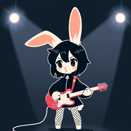 masterpiece,high score,great score,absurdres,fabulosity style,best quality, flat color, no lineart, no outline, chibi,aged down,petite,shortstack,solo,bunny girl, animal ears, rabbit ears, tail,Anthro Rabbit, 1girl, solo, black hair, goth, fishnet, electric guitar, holding guitar, black skirt, black jacket, wind,kemono,furry, blurry background, depth of field,spotlight, stage, stage lights, <lora:something_cute:1>