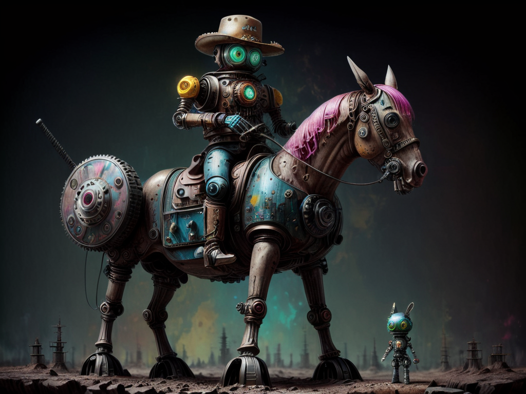 High quality macro photo of a retro cowboy robot, Riding a horse on the prairie, full body, (cowboy hat), hyper realistic, super detailed, Science Fiction, circuits, circuit, transistors, wires, trending on art station, kawaii, <lora:drkkaw-V2_epoch_5:0.9>