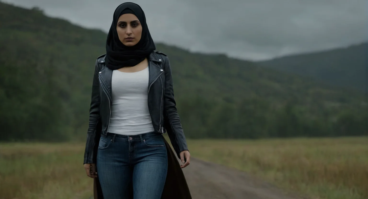 Dark Fantasy Art of (Cinematic Film stock footage style) in (arri alexa style) (Kodak film print style),
<lora:Hyperrealism-000003:1>
a hijab naked woman in jeans and a leather jacket Hyperrealism Style, dark, moody, dark fantasy style
