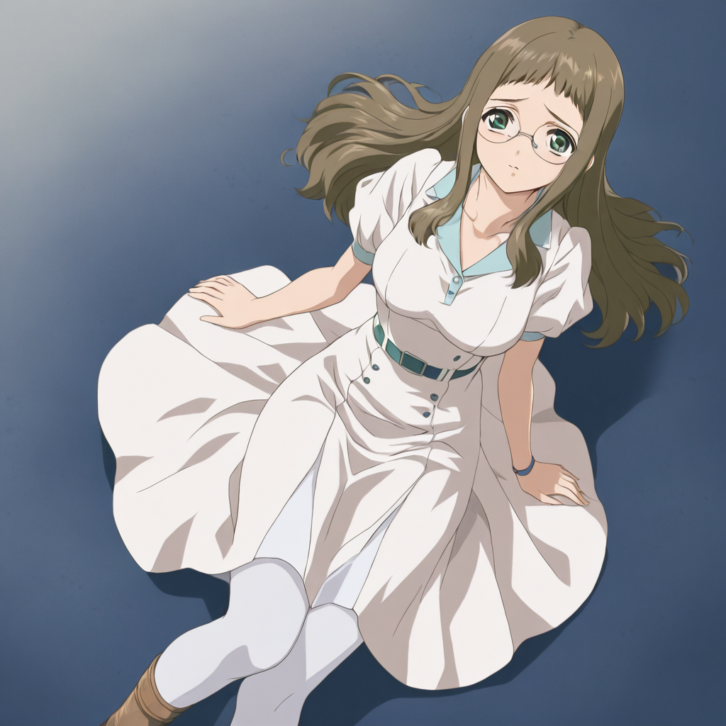 masterpiece,1girl,solo,looking at viewer,<lora:Rie_Ishida ag4o v1:1> rie_ishida, brown hair, long hair, green eyes, glasses,white dress,white pantyhose,
