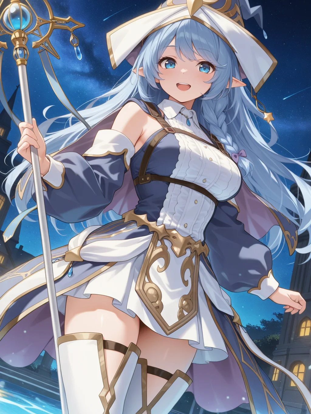 water enchantress of the temple, blue witch hat, witch dress, blue detached sleeves, white thighhighs, night sky, staff, holding staff, 1girl, smile, open mouth, looking at viewer, dutch angle
masterpiece,best quality,amazing quality,very aesthetic,absurdres,newest,<lora:Water Enchantress of the temple illuXL v1.1:0.7>,