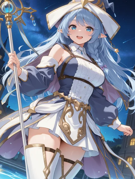 water enchantress of the temple, blue witch hat, witch dress, blue detached sleeves, white thighhighs, night sky, staff, holding staff, 1girl, smile, open mouth, looking at viewer, dutch angle
masterpiece,best quality,amazing quality,very aesthetic,absurdres,newest,<lora:Water Enchantress of the temple illuXL v1.1:0.7>,
