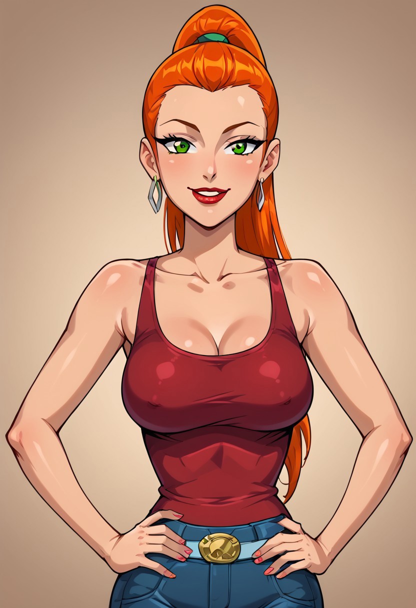 1girl, ponytail, solo, earrings, parody, hands on hips, breasts, orange hair, jewelry, looking at viewer, red hair, green eyes, smiling, hair tied back, mature,
