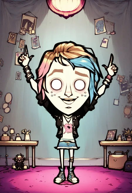 1girl, solo, uddper body shot, Chloe Price, listening music and dancing, inside teenage bedrooom, looking at viewer, chibi, <lora:dontstarvestyleV2:1.1>, blank eyes, dontstarvestyle,, score_9, score_8_up, score_7_up,