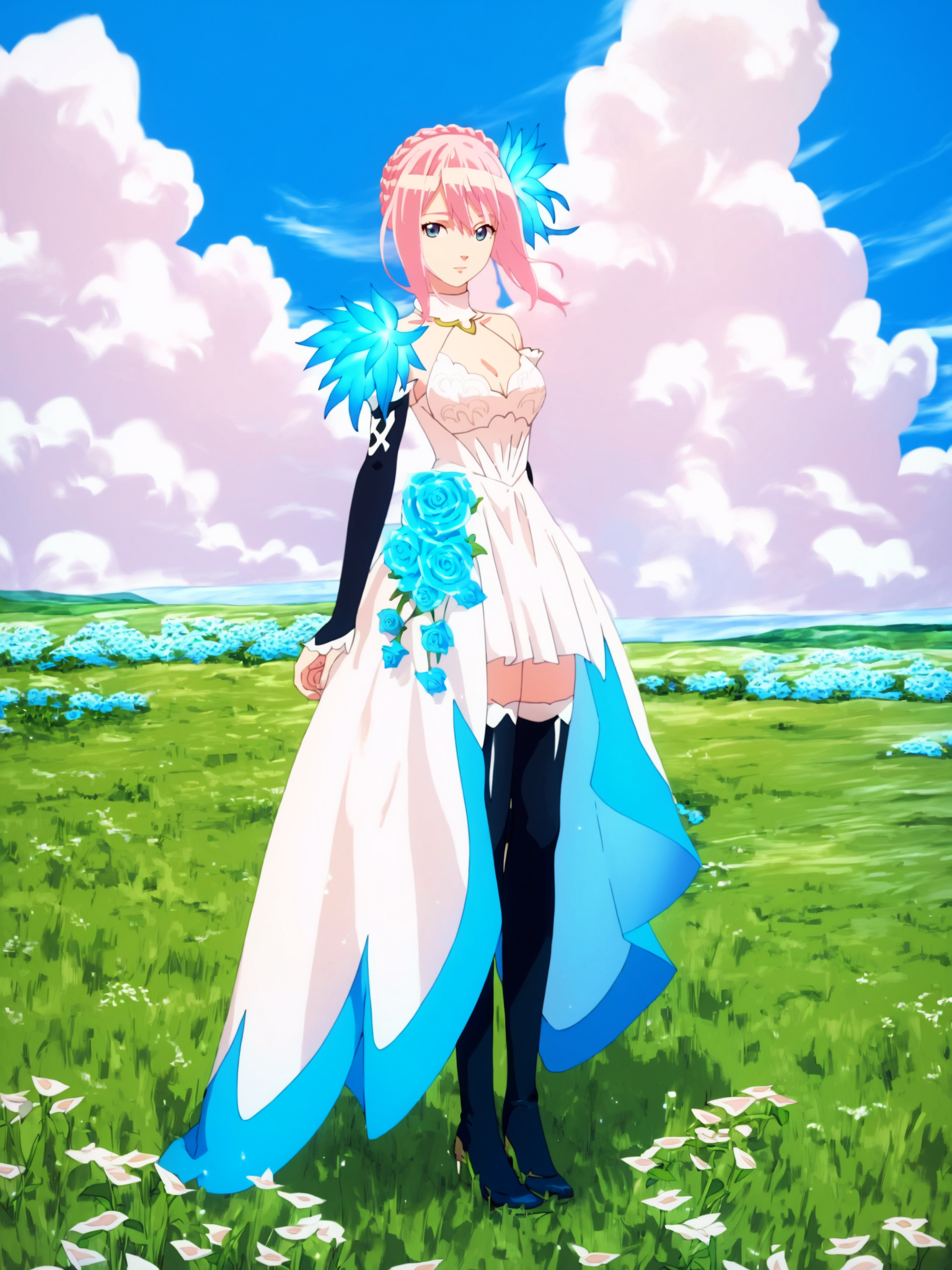 score_9, Score_8_up, Score_7_up, Score_6_up, masterpiece,  best quality, very aesthetic,  <lora:ShionneV2-08:1> 15 shionne 01b weddingdress, shionne 01b, pale skin, long hair, (blue eyes), wedding dress 1girl, solo, breasts, 1Girl, hair ornament, thighhighs, dress, bare shoulders, full body, pink hair, braid, detached sleeves, black thighhighss   <lora:detailed_backgrounds_v2:1> (scenery:1.3),  backgrounds scenery, complex background, grass, cloud, flowers,  looking at viewer, cowboy shot