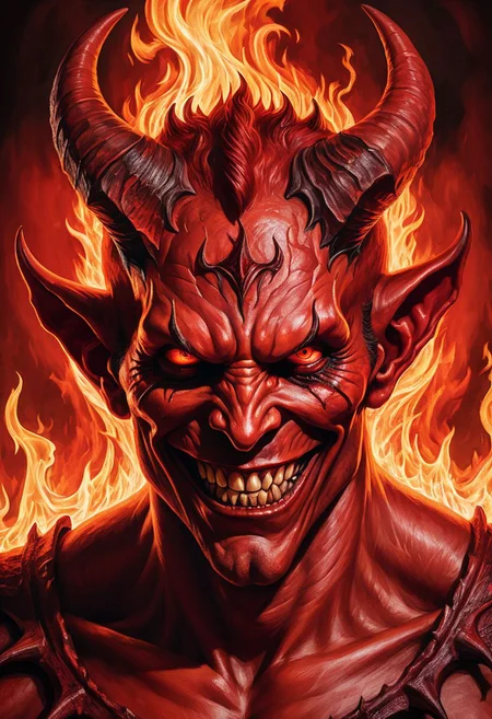 A detailed portrait of the devil, red skin, horns, evil smile, (fire:1.1), red, hell, tormented souls in background