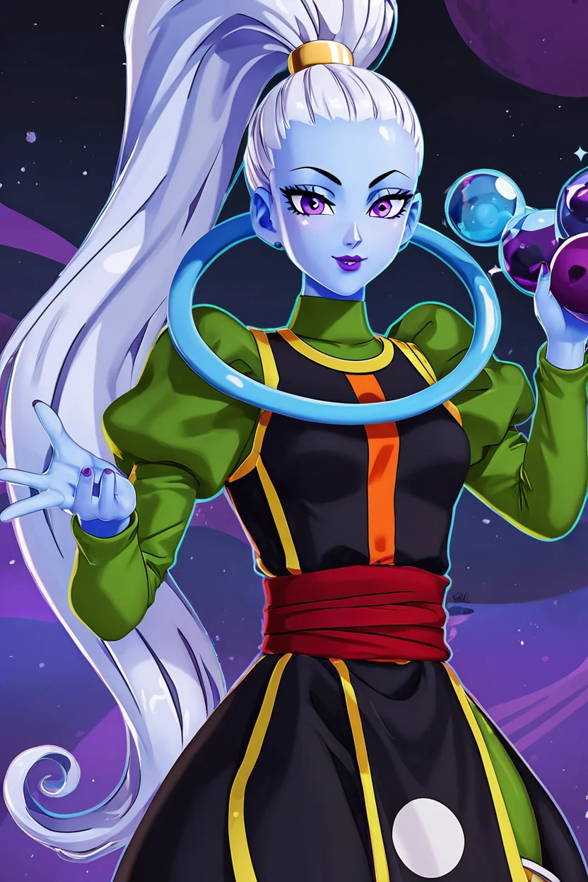 score_9, score_8_up, score_8, medium breasts, (curvy), cute, eyelashes,       BREAK, , zzVados, long hair, ponytail, white hair, blue skin, hair pulled back, high ponytail, very long hair, purple eyes,  long sleeves, puffy sleeves, sash, purple lips, dress, makeup, lipstick, <lora:Vados_DB_PDXL:0.8>,  , BREAK, smile, looking at viewer, cowboy shot, ,,, embedding:zPDXL, Expressiveh, ,,, <lora:Zy0n7_PDXL:0.8>, <lora:SDXLFaeTastic2400:0.5>, <lora:Expressive_H-000001:0.4>,