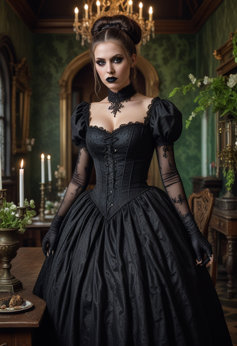 ((fashion photography)), perfect face, perfect eyes, (medium full shot) of  (attractive gothic maiden) young woman, italian, green eyes, tan skin, tan skin, dark green eyes, voluptuous, long hazel bun hair, wearing Victorian asylum patient costume with a tattered black gown, institutional stockings, canvas shoes, Black lipstick with glitter, dramatic smoky eyes with glitter accents, winged eyeliner, pale skin, black nail polish with glitter, set in  haunted mansion Dining Hall, Gloomy space with a long, tarnished dining table set with rotting tableware, cobweb-covered candelabras flickering dimly, a crumbling buffet adorned with wilting flowers, overgrown vines creeping up the walls , at night, surprised, open mouth, running toward the viewer, masterpiece, best quality, photorealistic, very aesthetic