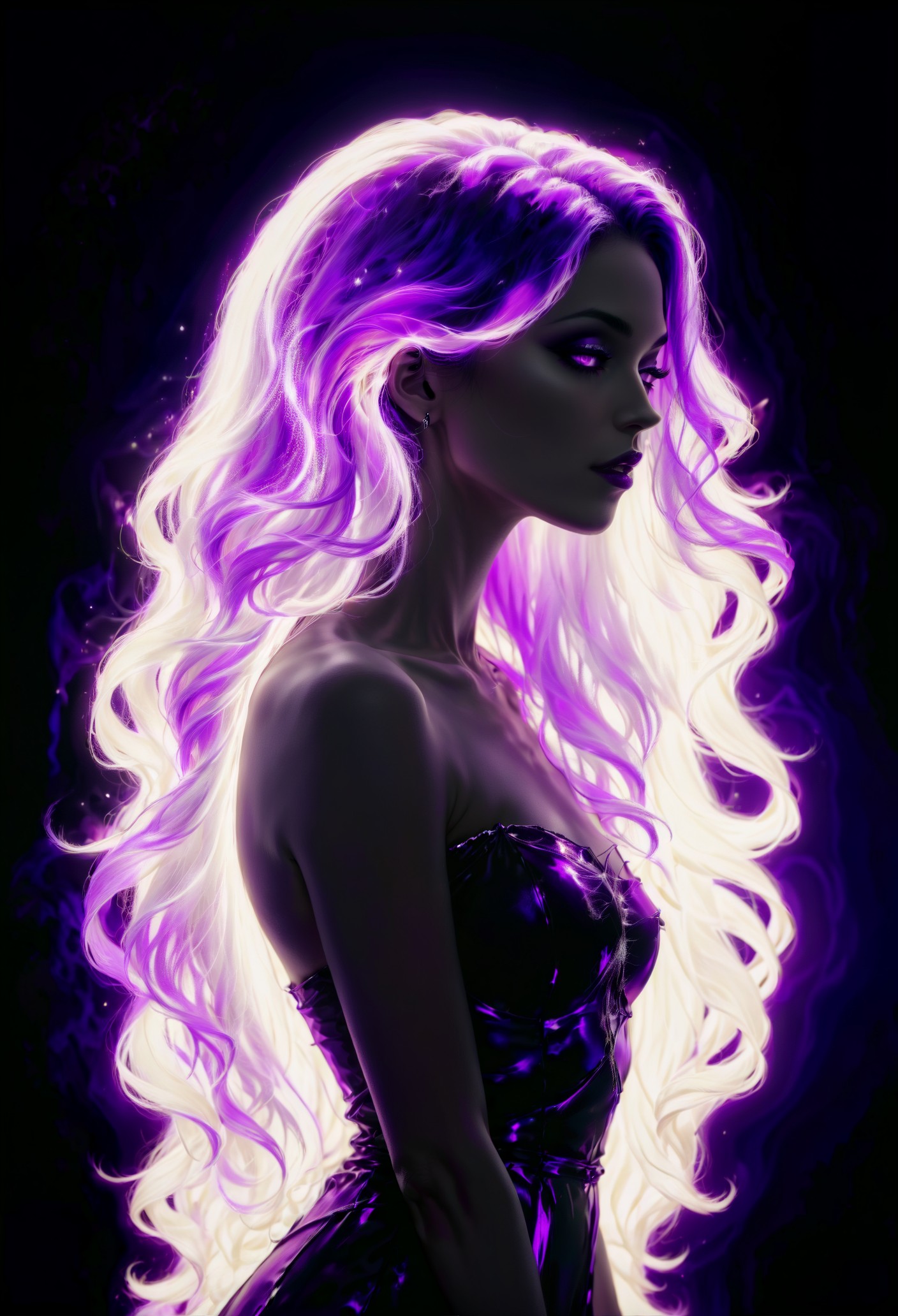 a pitch black setting with a silhoutte of a beautiful long haired woman lit up by a purple hue, magical, silhouette, purple theme, abstract, purple neon, beautiful, perfect anatomy, reflection, retraction, ephemeral, purple flame hair  <lora:sdxl\add-detail-xl> <lora:sdxl\xl_more_art-full_v1> <lora:sdxl\zavy-hrglw-sdxl:0.35>, zavy-hrglw, neon purple hair