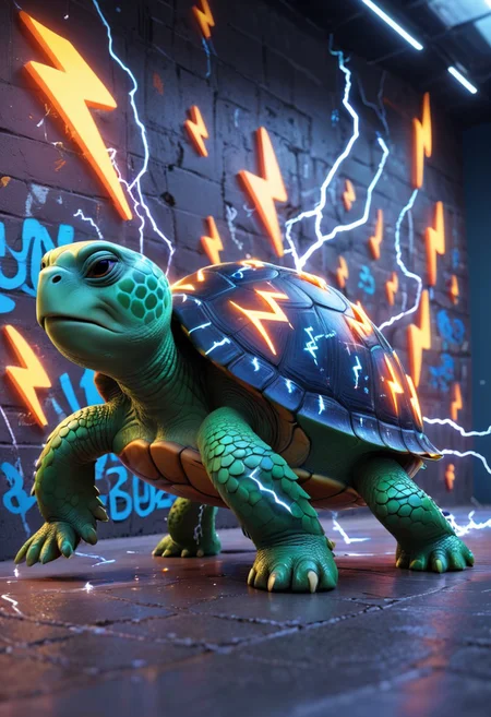 A 3D Pixar movie-like turtle with lightning symbols on its shell. Simple background. A graffiti on the wall says "Need Buzz for Speed." Masterpiece, High quality, Ultra Details
