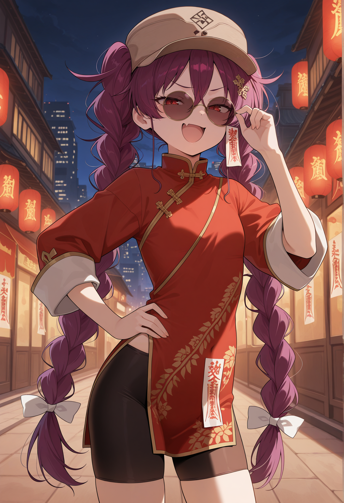 upper body, anime screenshot, anime coloring, 1girl, skinny, night, long hair, purple hair, red eyes, twin braids, talisman hair ornament, cap, chinese clothes, bike shorts, smile, open mouth, skin fang, smug, sunglasses, round eyewear, fixing eyewear with middle finger, hand on hip, outdoors, city  <lora:Lanlan_Fang_Fatetype_redline:1>, masterpiece, best quality, amazing quality, very aesthetic, absurdres, highres, newest