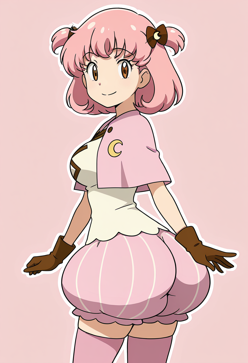 masterpiece, best quality, solo, curvy, beautiful eyes, narrow waist, large breasts, 1girl, solo, smile, looking at viewer,    zzMomo, brown eyes, short hair, pink hair, hair bow, two side up, hair ornament, hair ribbon,  capelet, white shirt, brown gloves, puffy shorts, pink thighhighs, zettai ryouiki,  ,<lora:MomoByKurumiErika_IXL:1.0>,  side view, ass, leaning forward, cowboy shot, smile, looking at viewer, shiny skin,