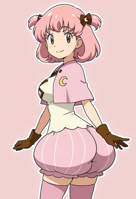 masterpiece, best quality, solo, curvy, beautiful eyes, narrow waist, large breasts, 1girl, solo, smile, looking at viewer, zzMomo, brown eyes, short hair, pink hair, hair bow, two side up, hair ornament, hair ribbon, capelet, white shirt, brown gloves, puffy shorts, pink thighhighs, zettai ryouiki, ,<lora:MomoByKurumiErika_IXL:1.0>, side view, ass, leaning forward, cowboy shot, smile, looking at viewer, shiny skin,