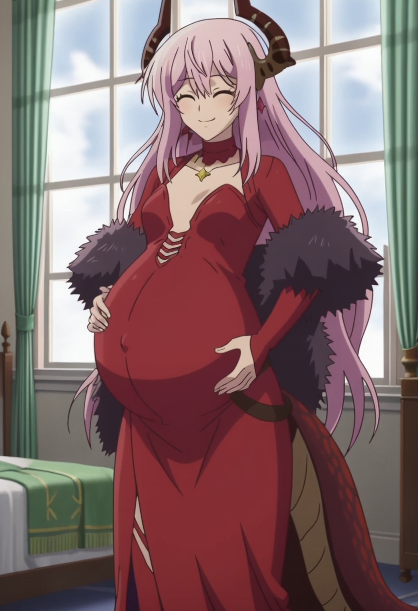 best quality, masterpiece, 4k, perfect lighting, very aesthetic, anime, anime coloring, official art, anime screencap,
bedroom, large pregnant belly, happy, smile, hand on belly,
Echidna, dragon girl,