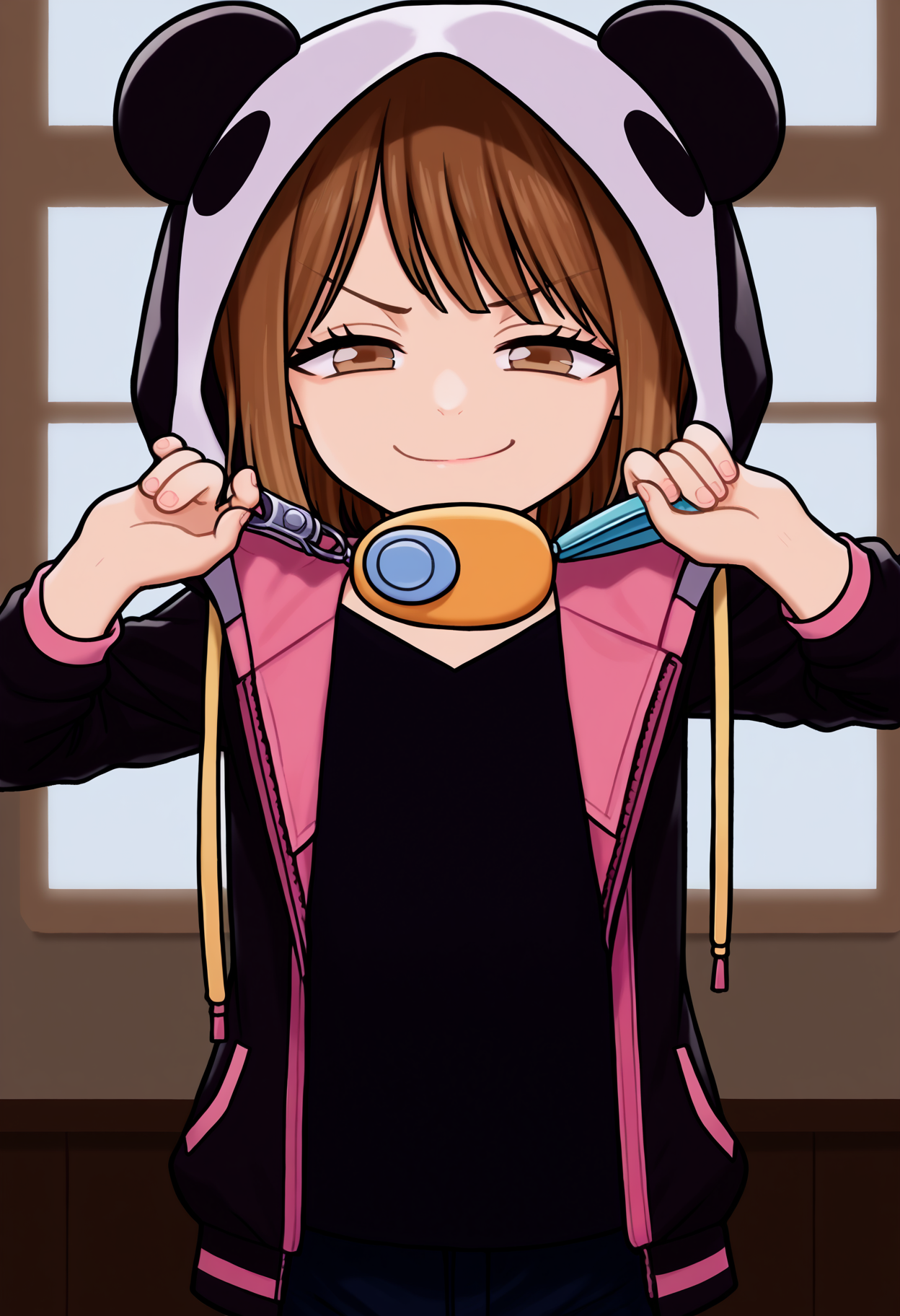 score_9, best quality, masterpiece, uncensored, source_anime
BREAK
1girl, solo, looking at viewer, shirt, brown hair, closed mouth, brown eyes, jacket, cowboy shot, open clothes, hood up, lips, hoodie, indoors, panda hood, smug, crime prevention buzzer, holding, hands up
<lora:rustle_pony_v1:1>  <lora:Concept_CrimePreventionBuzzer:1>