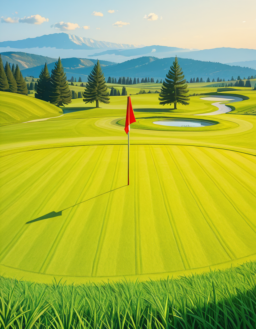 A beautifully maintained golf green in the golden light of late afternoon. The smooth, vibrant green grass is perfectly trimmed, with subtle undulations adding depth to the putting surface. A bright red flag flutters gently atop a sleek white pin, marking the hole at the center of the green. Surrounding the green, a soft fringe of slightly longer grass transitions into the rolling fairway, which stretches toward the horizon. In the background, tall pine trees cast long shadows, and a tranquil water hazard reflects the warm hues of the sky. The atmosphere is calm and inviting, capturing the essence of a perfect golfing moment.
<lora:SDXLFaeTastic2400:0.4> <lora:extremely_detailed:0.4> extremely detailed, <lora:golf_c0urs3-ill:1>,golf c0urs3, Masterpiece,best quality,hi res,8k,hi res,8k,award winning,(sharp focus, intricate, highly detailed),