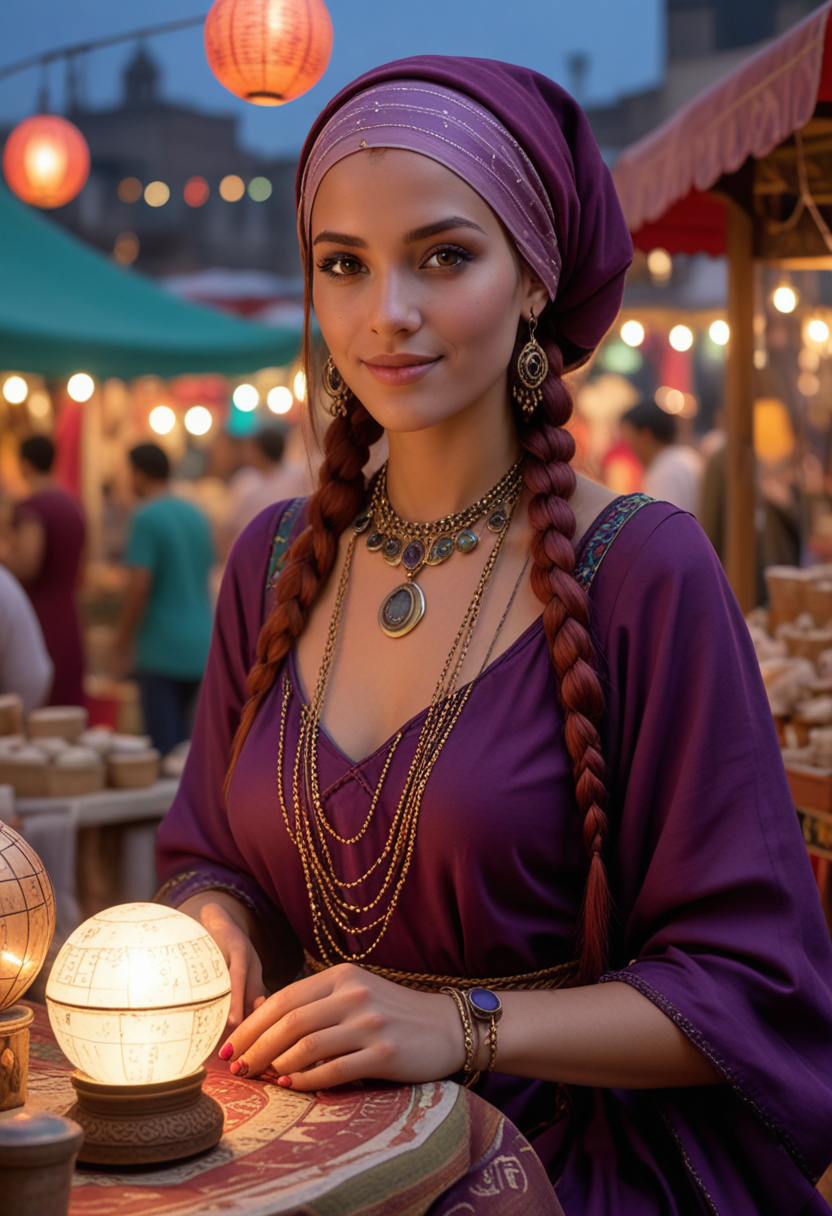 (medium full shot) of (ethereal fortune teller) young woman, mexican, mahogany skin, olive green eyes, Average build, medium red french braid hair, wearing a silk headscarf , dark violet empire dress, suede slippers with ethnic designs, smoky eyeshadow, crystal ball, crescent moon earrings,  set in  a bustling market, with vibrant stalls, a lively crowd, mystical trinkets, a fortune tellerâs setup, during twilight, woman smiling, Masterpiece,best quality, photo, realistic, very aesthetic, detailed face,