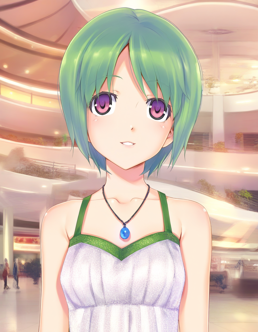 <lora:Biman Adam-000063:1> hanasato megumi, purple eyes, green hair, short hair, small breasts, multicolored dress, green dress, white dress, sleeveless, blue pendant, bare shoulders, mall, parted lips, solo, smile