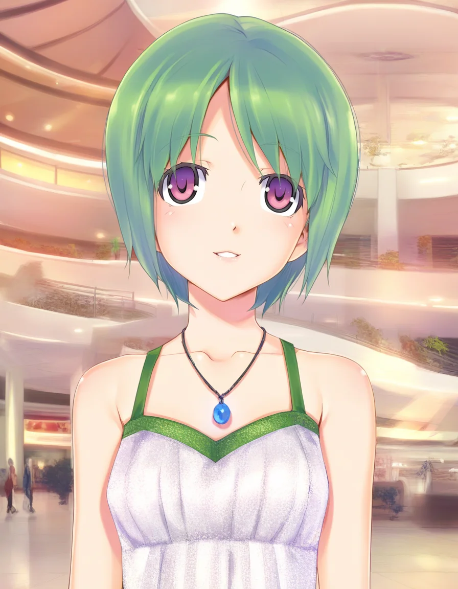 <lora:Biman Adam-000063:1> hanasato megumi, purple eyes, green hair, short hair, small breasts, multicolored dress, green dress, white dress, sleeveless, blue pendant, bare shoulders, mall, parted lips, solo, smile