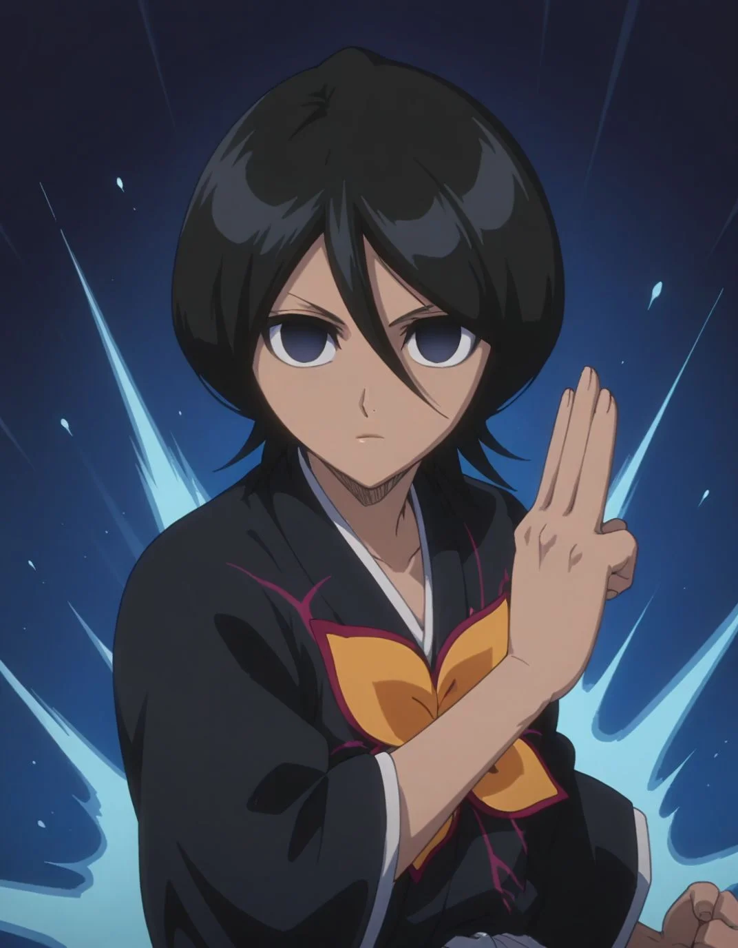 masterpiece, best quality, <lora:Mind_Controlled_Rukia:1>, 4ukia, short hair, black hair, dark blue eyes, empty eyes, japanese clothes, upper body, fighting stance,