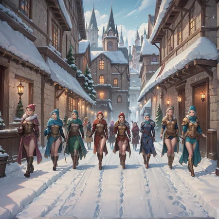Role-playing game (RPG) style fantasy 5girls, walking, (a group shot: 1.1), (of an adventurer's party in an RPG game: 1.1), (standing in a snowy street: 1.1), <lora:The_Adventurers_Party:0.8>, adventureparty, winter, snow, town, elves, humans, armor, robes, high quality, highres, masterpiece, best quality, 8k, intricate, detailed, <lora:add_detail:0.6>, very detailed, <lora:add_detail:0.6>, very detailed, <lora:more_details:0.6>, detailed BREAK score_9, score_8_up, score_7_up, best quality, masterpiece, 4k, uncensored, prefect lighting, rating_explicit, very aesthetic, anime, zPDXL2, <lora:harem_4:0.5>, multiple girls, group picture, lineup . Detailed, vibrant, immersive, reminiscent of high fantasy RPG games