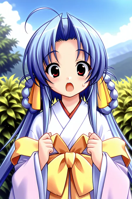 masterpiece, best quality, absurdres, official art, official style, rating general BREAK <lora:yunoha_IL_v1-2:0.7>, yunoha, 1girl, solo, blue hair, very long hair, parted bangs, hair intakes, twintails, twin braids, hair rings, ahoge, hair ribbon, yellow ribbon, flat chest, japanese clothes, miko, white kimono, light purple kimono, layered dress, long sleeves, wide sleeves, yellow sash, yellow bow, arm ribbon, portrait, upper body, outdoors,
blush, :o, front view, looking at viewer, open mouth, surprised, sweat, sweatdrop, wide-eyed