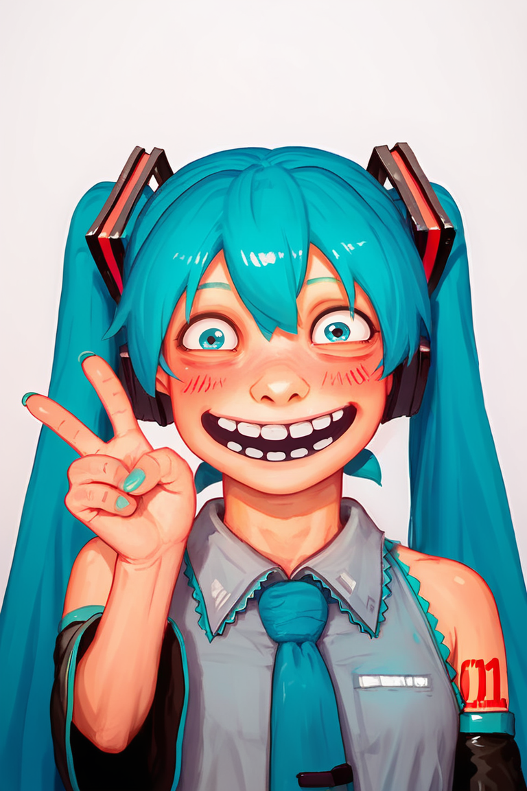 score_9, score_8_up, score_7_up, score_6_up, sfw, 1girl, solo, hatsune miku, <lora:lozhkin_pony:0.8> lozhkin, open mouth, big smile, accurate teeth with gaps, smile, V, blush