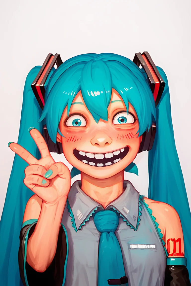 score_9, score_8_up, score_7_up, score_6_up, sfw, 1girl, solo, hatsune miku, <lora:lozhkin_pony:0.8> lozhkin, open mouth, big smile, accurate teeth with gaps, smile, V, blush