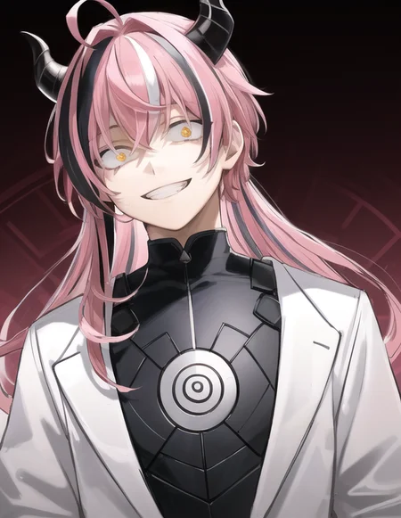 incredibly absurdres, best quality, smooth, 8k wallapaper, (spiralpunk style clothing and setting:1.3), upper body portrait, head tilted, demon eyes, constricted pupils, crazy eyes, crazy smile, grinning, teenage male character, 1boy, male focus, masculine, crew cut, (pink streaked hair:1.2), ( ahoge:1.2)
