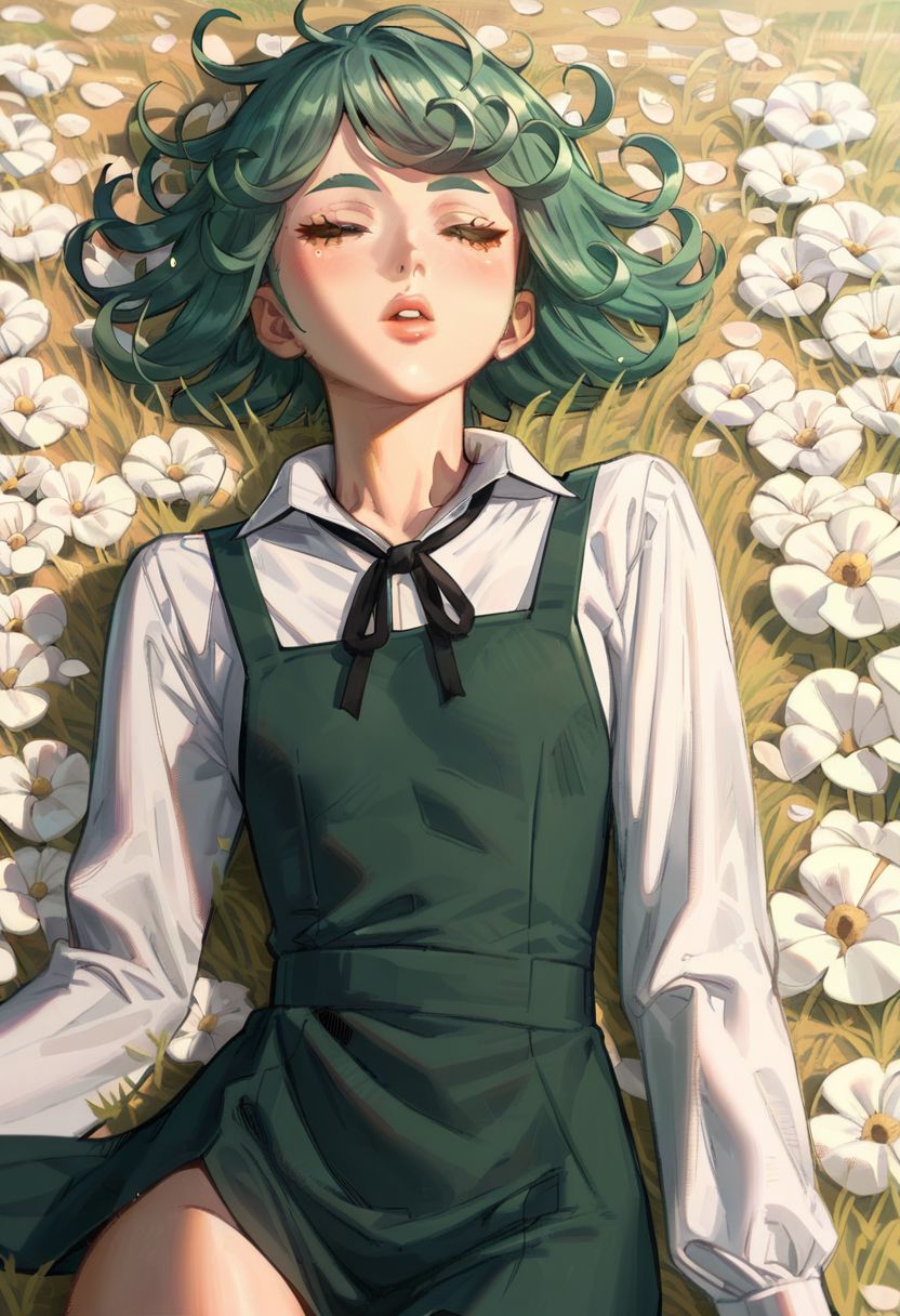 score_9,score_8_up,score_7_up,score_6_up, easynegative, SJ_Style, tatsumaki, 1girl, green hair, long hair, lying, flower, white shirt, on back, long sleeves, neck ribbon, parted lips, closed eyes, petals, pinafore dress, black ribbon, green ribbon, grass, black dress, animal, upper body, collared shirt, sleeping, on ground, epiCPhoto