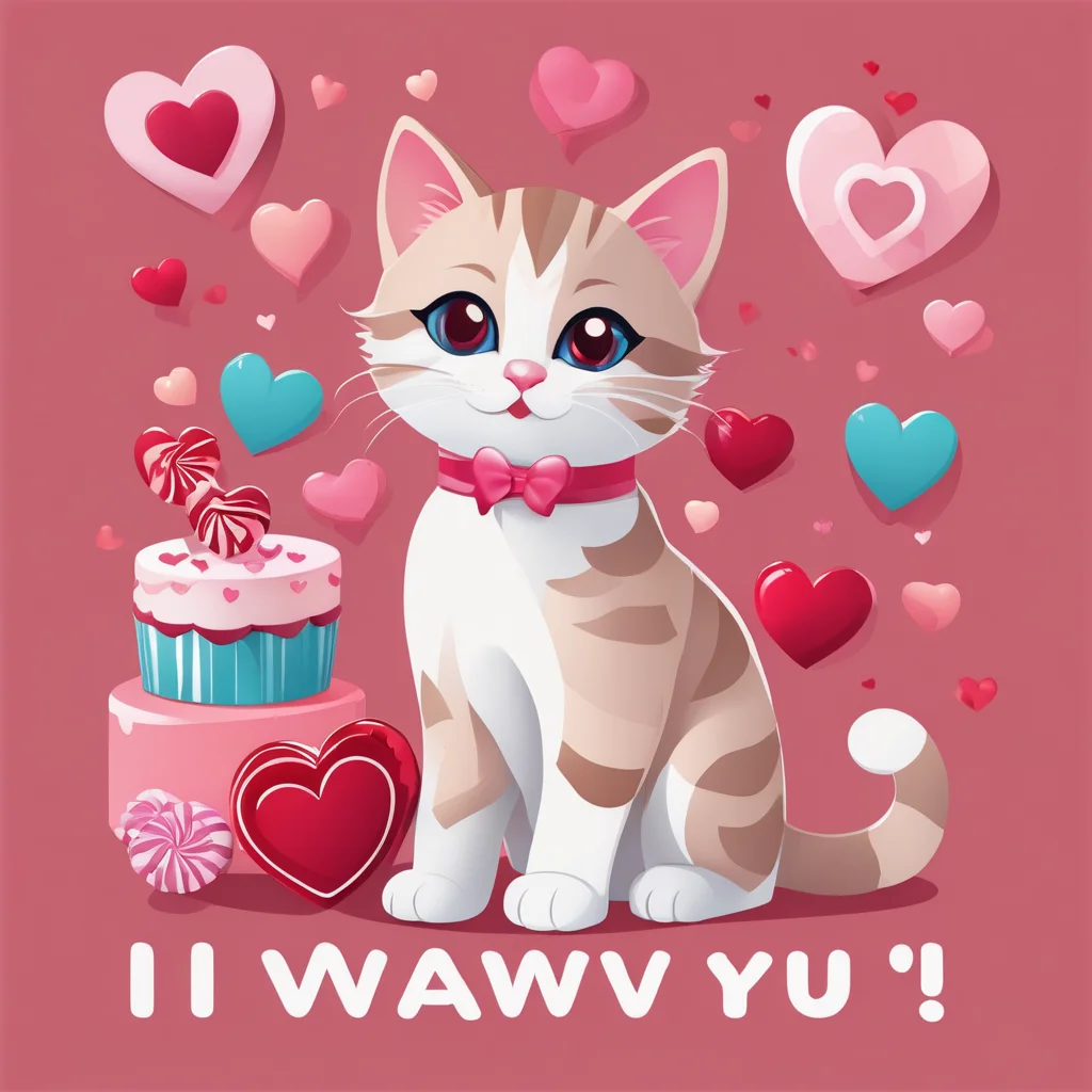 text logo, text reads "I WUV U", valentines cards, simple background, cute kitten, love hearts, candy, cake,