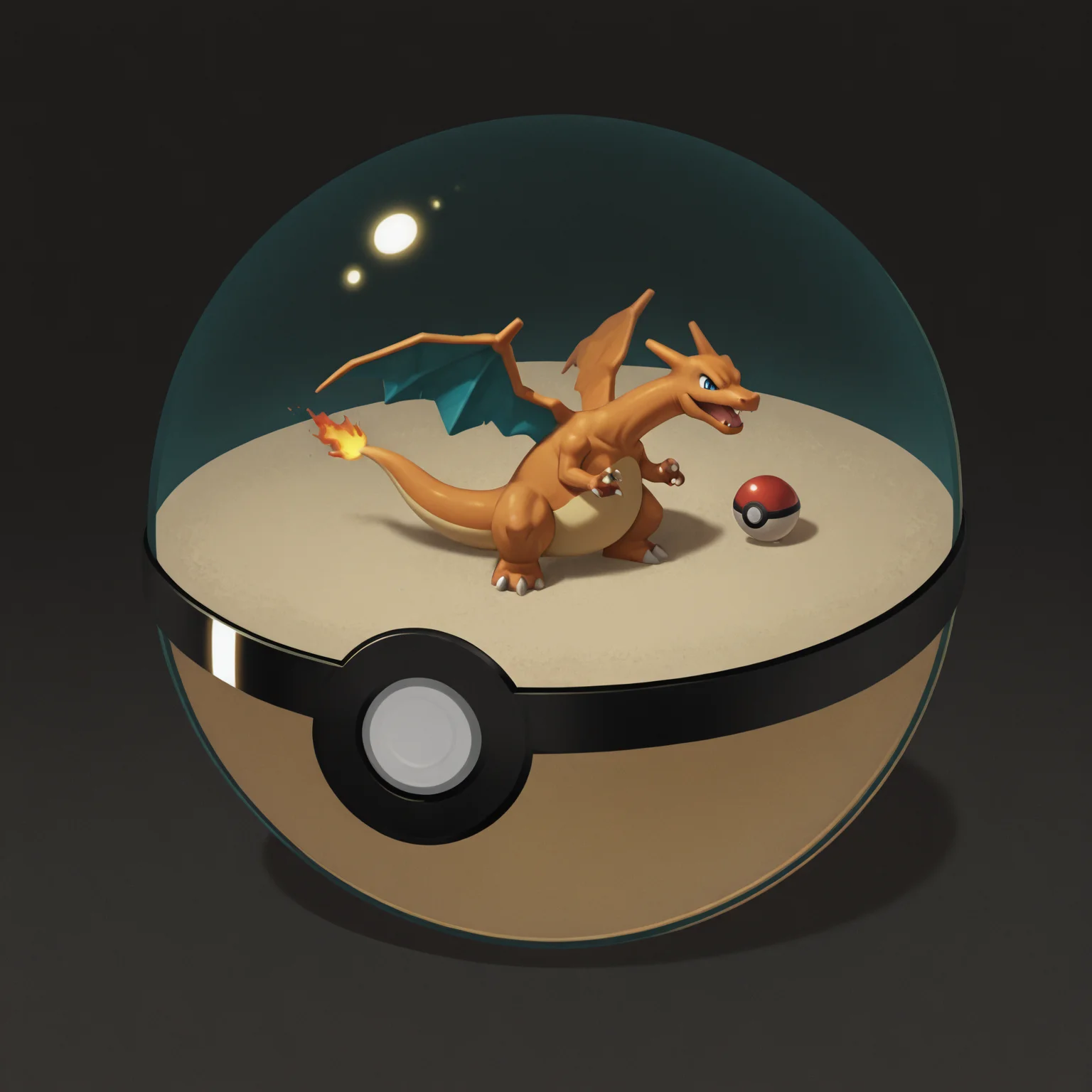 masterpiece, best quality, amazing quality, <lora:Inside_pokeball_buns:0.7> 1ns1d3pok3ball, pokeball, pokemon (creature), no humans,  Charizard, masterpiece, best quality, amazing quality