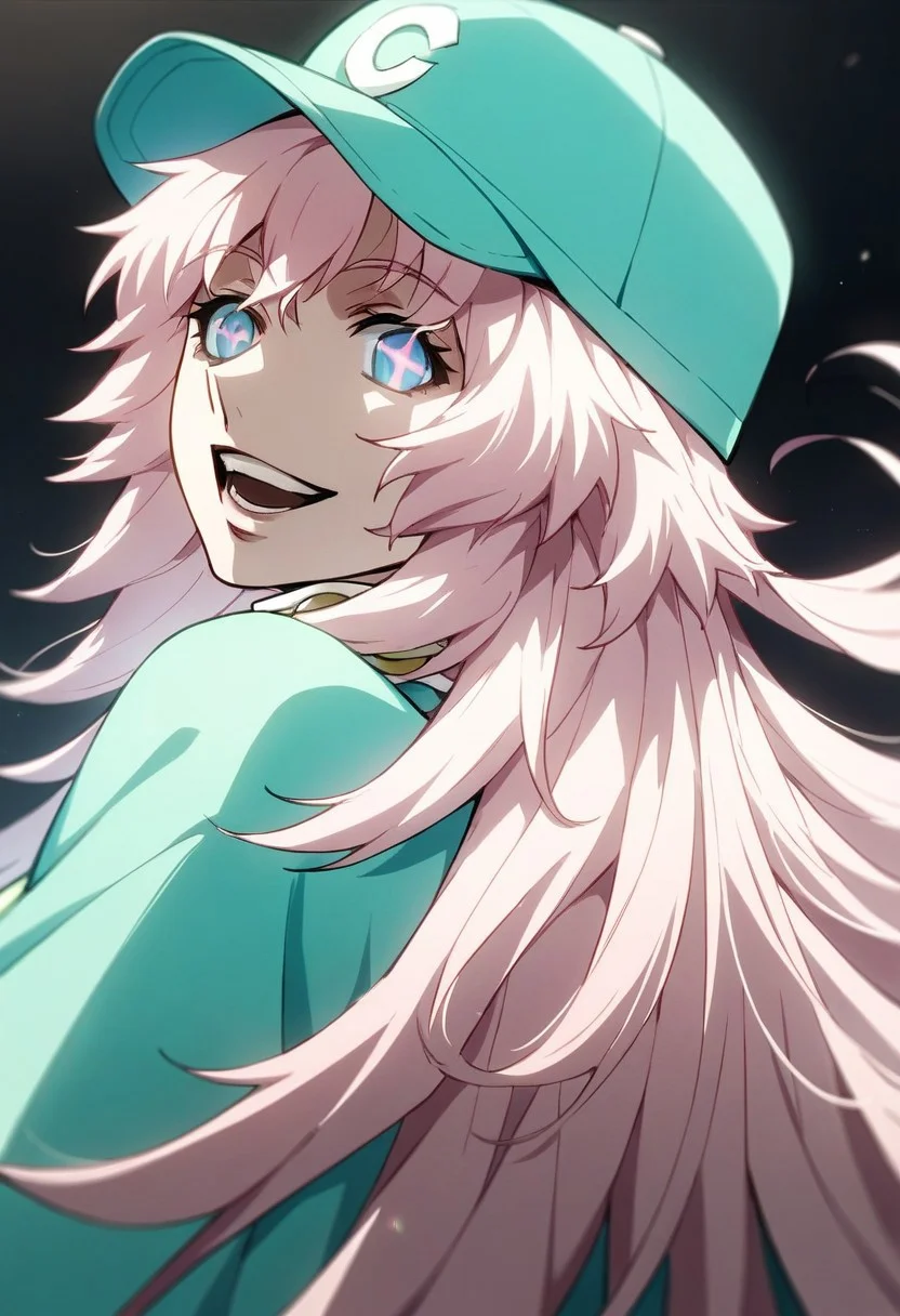 score_9,score_8_up,score_7_up,source_anime, daisy_(big_order),1girl,solo,long hair,looking at viewer,smile,open mouth,blue eyes,hat,upper body,white hair,pink hair,:d,teeth,looking back,from behind,symbol-shaped pupils,black background,+ +,