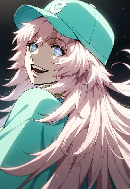 score_9,score_8_up,score_7_up,source_anime, daisy_(big_order),1girl,solo,long hair,looking at viewer,smile,open mouth,blue eyes,hat,upper body,white hair,pink hair,:d,teeth,looking back,from behind,symbol-shaped pupils,black background,+ +,