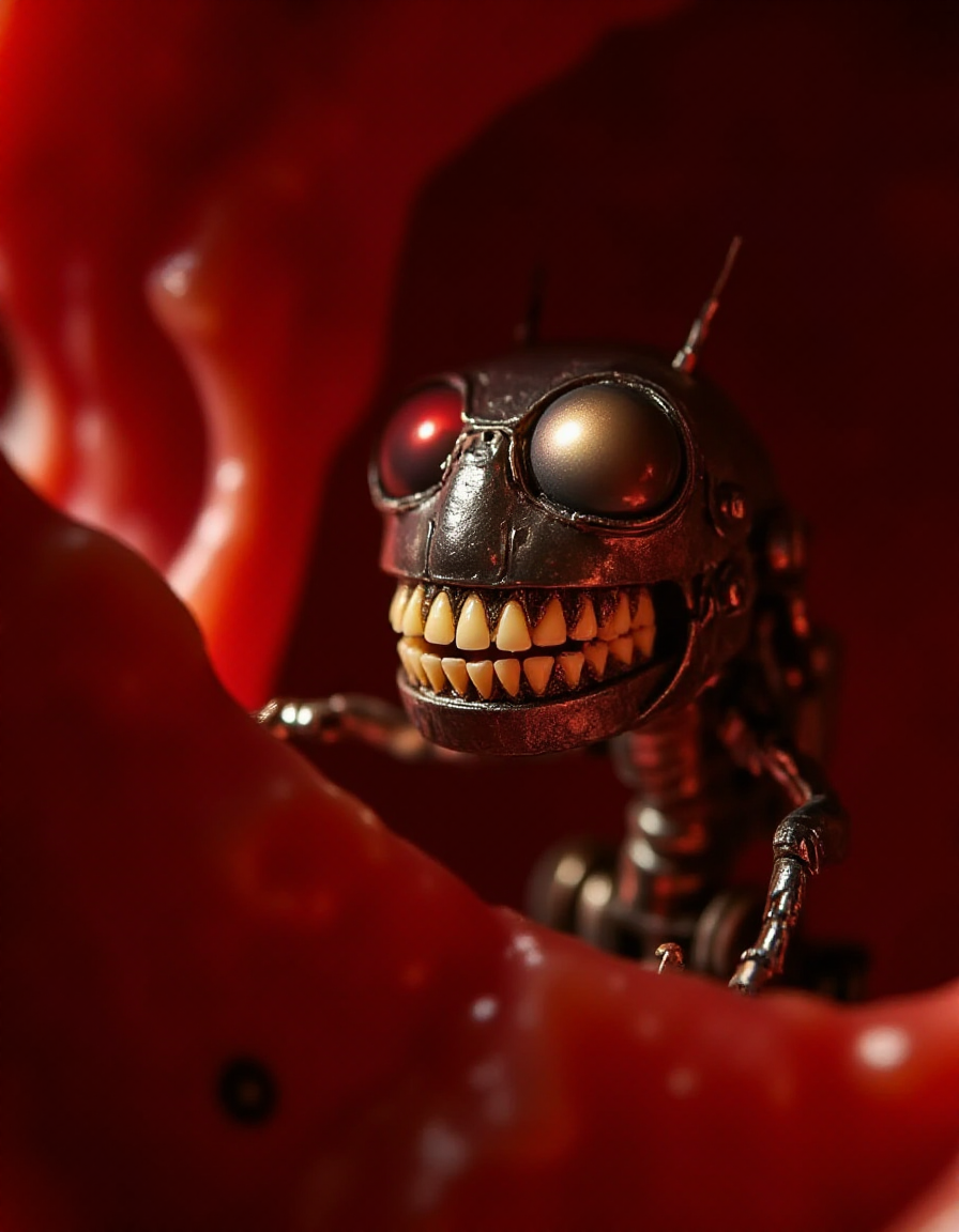 A microscopic robot, no larger than a blood cell, traverses the labyrinth of a human vein. Its shimmering, insect-like body reflects faint crimson light as it navigates the pulsing red walls around it. Despite its size, its hyper-realistic ral-rbotth are unmistakableâa row of impossibly small, perfectly formed teeth, wet with plasma, set into a jaw of intricate golden plating. Each tooth glints faintly as the robot clamps down on a stray platelet, its unnervingly human-like bite a disturbing contrast in this pulsating organic environment.
 <lora:ral-rbotth-flux_000003000:1>