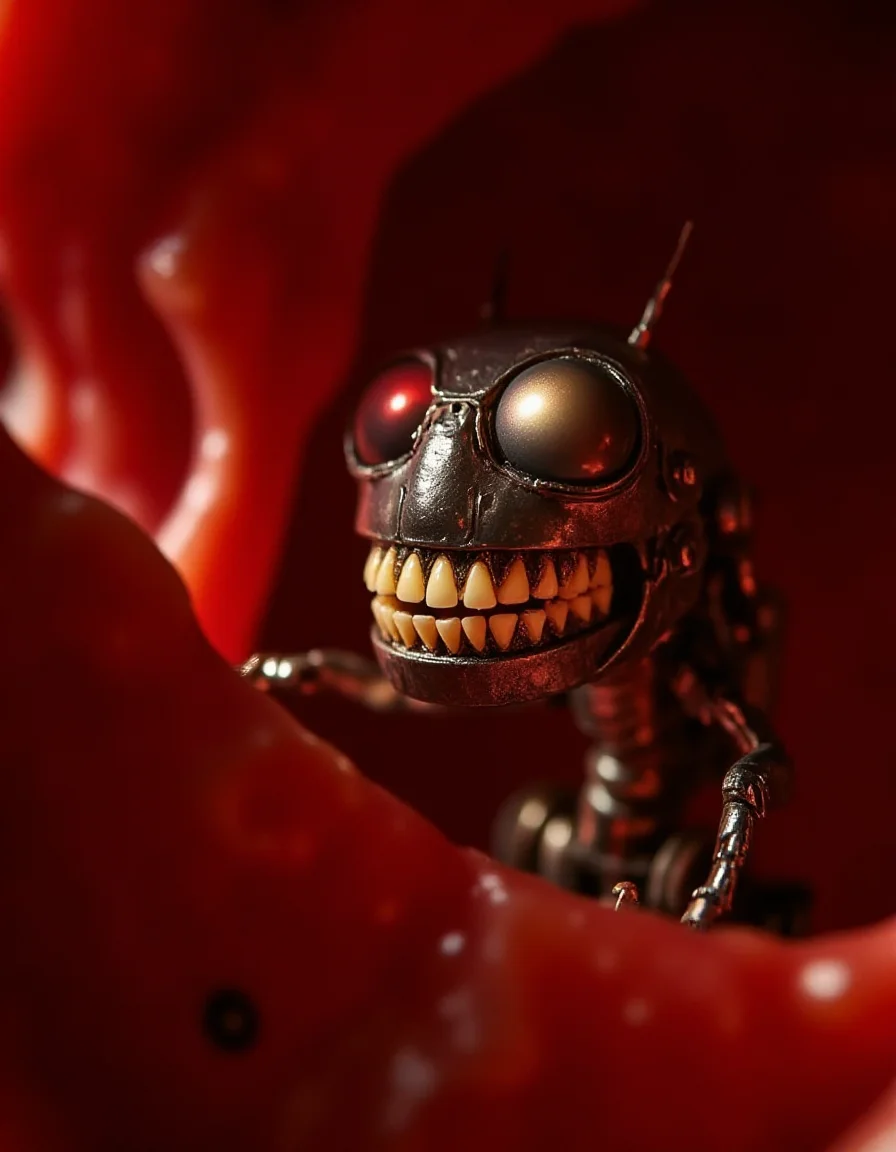 A microscopic robot, no larger than a blood cell, traverses the labyrinth of a human vein. Its shimmering, insect-like body reflects faint crimson light as it navigates the pulsing red walls around it. Despite its size, its hyper-realistic ral-rbotth are unmistakableâa row of impossibly small, perfectly formed teeth, wet with plasma, set into a jaw of intricate golden plating. Each tooth glints faintly as the robot clamps down on a stray platelet, its unnervingly human-like bite a disturbing contrast in this pulsating organic environment.
<lora:ral-rbotth-flux_000003000:1>