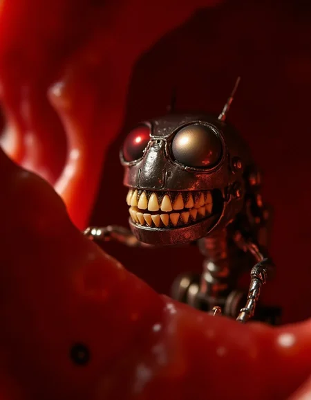 A microscopic robot, no larger than a blood cell, traverses the labyrinth of a human vein. Its shimmering, insect-like body reflects faint crimson light as it navigates the pulsing red walls around it. Despite its size, its hyper-realistic ral-rbotth are unmistakableâa row of impossibly small, perfectly formed teeth, wet with plasma, set into a jaw of intricate golden plating. Each tooth glints faintly as the robot clamps down on a stray platelet, its unnervingly human-like bite a disturbing contrast in this pulsating organic environment.
<lora:ral-rbotth-flux_000003000:1>