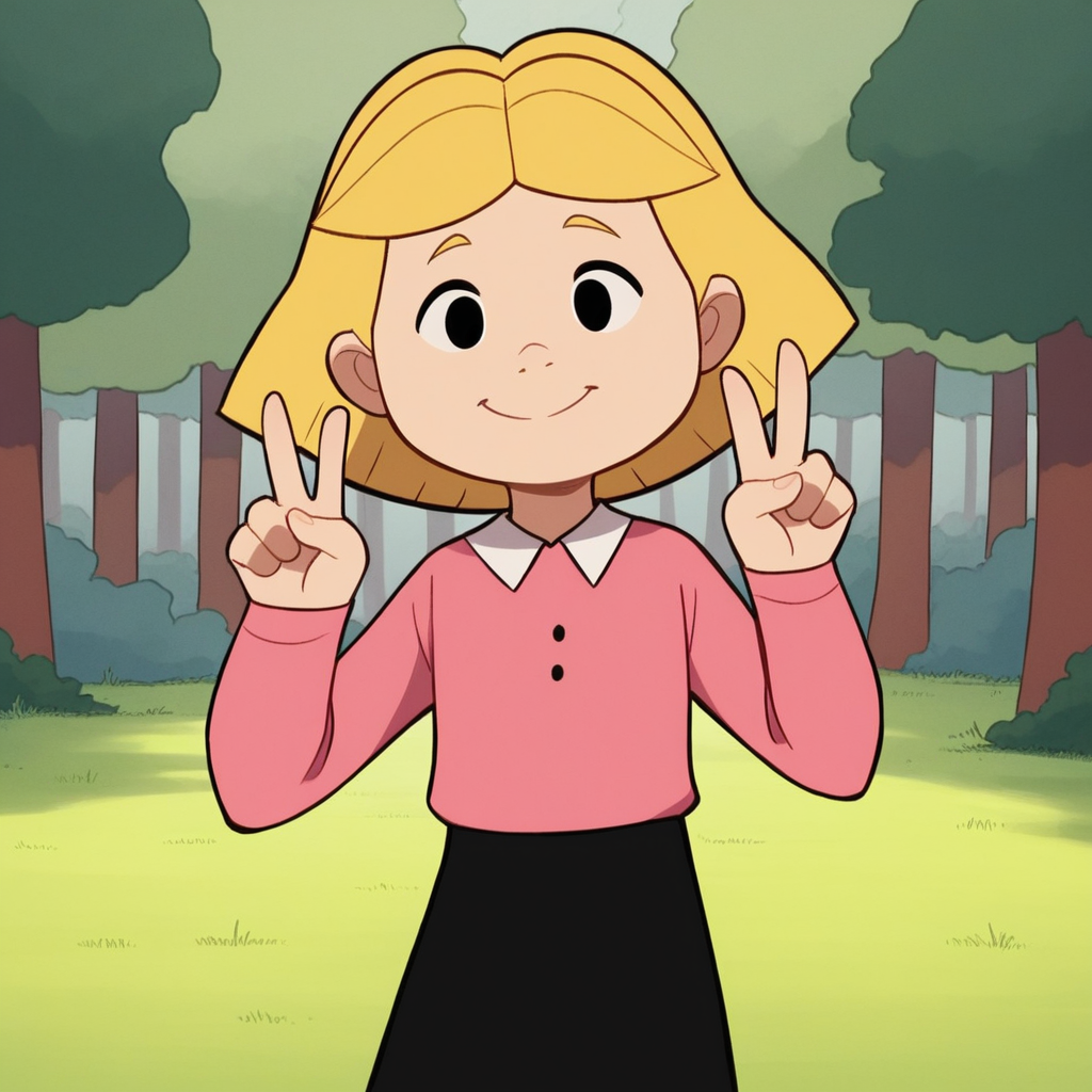 score_9_up, score_8_up, BREAK, EmilyElizabeth, 1girl, solo, blonde hair, short hair, black eyes, shirt, long sleeves, black skirt, cowboy shot, double v,  <lora:EmilyElizabethHoward_Clifford_PXL_Leaf1-000010:1>, forest,