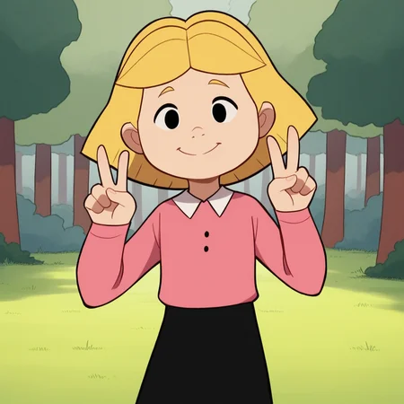 score_9_up, score_8_up, BREAK, EmilyElizabeth, 1girl, solo, blonde hair, short hair, black eyes, shirt, long sleeves, black skirt, cowboy shot, double v, <lora:EmilyElizabethHoward_Clifford_PXL_Leaf1-000010:1>, forest,