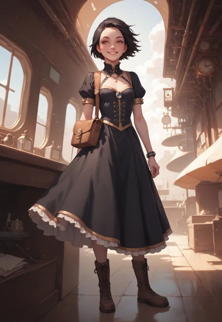 safe_pos, score_9, score_8_up, score_8_up, 1800's era fashion and technology, concept art, illustration. Steampunk, industrial revolution,
1girl, age in mid20s, crooked smile, parted lips, (black hair), short hair, freckles, hazel eyes, (small breasts;1.3), long full-length black bowsette dress with orange trim, brown messenger bag. Wearing riding boots, she is looking out a porthole window, standing inside a passenger compartment aboard a dirigible airship, high res image, masterpiece, detailed background, perfection style