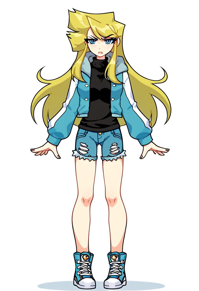 score_9, score_8_up, score_7_up, artist:Synnibear03, anime_source, absurdres, best quality, amazing quality, perfect quality, detailed hands, detailed face, very aesthetic, masterpiece, Synnibear03, solo, 1girl, human, blonde hair, long hair, looking at viewer, hoody, full body, jacket, synni, brat, bratty, annoyed, cutoffs, bootyshorts, adult, medium breasts,