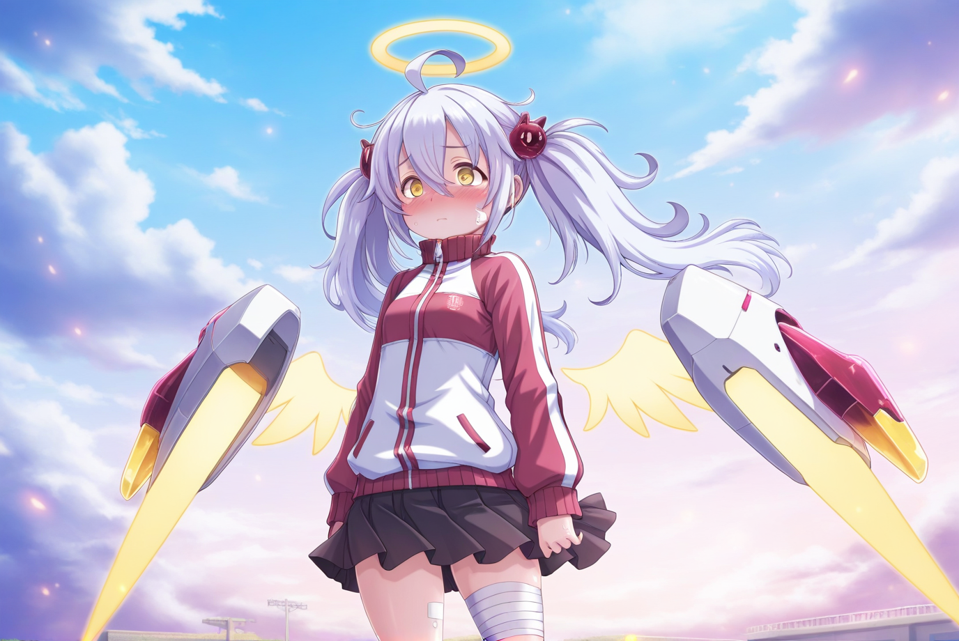 konndouchiru,1girl,solo,track jacket,twintails,jacket,halo,wings,hair ornament,skirt,yellow eyes,bandages,sky,blush,ahoge,cloud,<lora:konndouchiru:0.8>,, masterpiece,best quality,amazing quality,