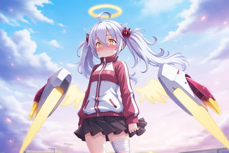 konndouchiru,1girl,solo,track jacket,twintails,jacket,halo,wings,hair ornament,skirt,yellow eyes,bandages,sky,blush,ahoge,cloud,<lora:konndouchiru:0.8>,, masterpiece,best quality,amazing quality,